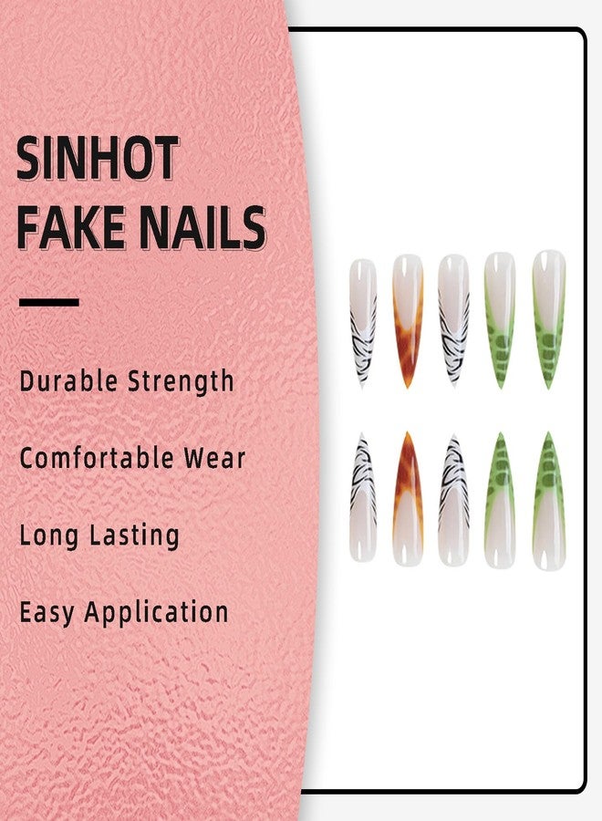 SINHOT Stiletto Press on Nails - Long Fake Nails, Glossy Leopard Print & Ombre French Tip Design, DIY Nail Art - 24 Pcs Nail Kit with Glue - Image 5